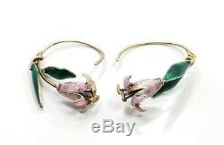 Vintage Mid Century Sterling Silver 925 Purple Green Enamel Flower Earrings
