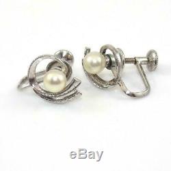 Vintage Mikimoto Pearl Modernist Swirl Screw Back Sterling Silver Earrings QZE5
