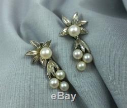 Vintage Mikimoto Pearl Sterling Silver Screw Back Earrings Leaves Dangle