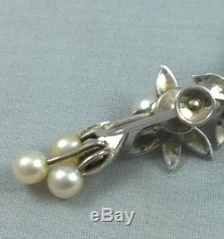 Vintage Mikimoto Pearl Sterling Silver Screw Back Earrings Leaves Dangle