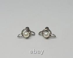 Vintage Mikimoto Sterling Silver Akoya Pearl Screwback Earrings Original Box