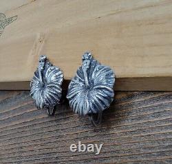Vintage Ming's Sterling Hibiscus Screw Back Earrings Both Pieces Signed Hawaii