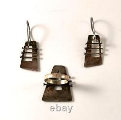 Vintage Modernist Earrings and Ring Sterling Silver Set Abstract Design Work MCM