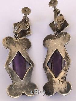 Vintage Modernist Mexico Taxco Sterling Silver Amethyst Dangle Style Earrings