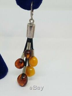 Vintage Modernist Sterling Silver Honey & Egg Yolk Amber Beads Dangle Earrings