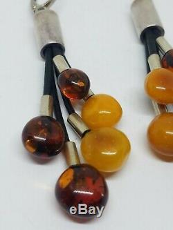 Vintage Modernist Sterling Silver Honey & Egg Yolk Amber Beads Dangle Earrings