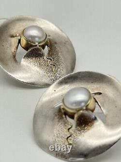 Vintage Modernist Style Sterling 925 Earrings With Pearl Artisan SIGNED