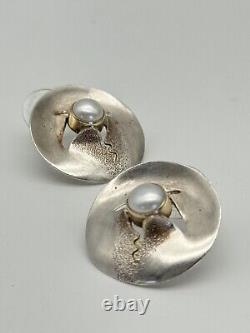 Vintage Modernist Style Sterling 925 Earrings With Pearl Artisan SIGNED