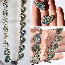 Vintage Mosaico Azteca Sterling Silver 925 Inlay Necklace Earrings Los Castillo