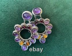 Vintage NAKAI Sterling Silver Cluster Gemstone Earrings Amethyst, Amber & Garnet