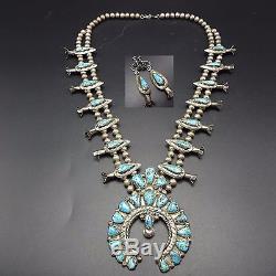 Vintage NAVAJO Cast Sterling Silver SQUASH BLOSSOM Necklace Earring SET Turquois