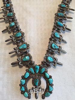 Vintage NAVAJO Cast Sterling & Turquoise SQUASH BLOSSOM Necklace & Earrings SET