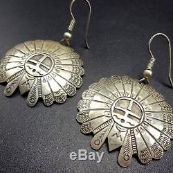 Vintage NAVAJO Hand Stamped SUN FACE KACHINA Sterling Silver EARRINGS Domed Disc