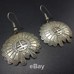 Vintage NAVAJO Hand Stamped SUN FACE KACHINA Sterling Silver EARRINGS Domed Disc