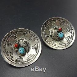 Vintage NAVAJO Hand-Stamped Sterling CORAL and TURQUOISE EARRINGS Wedding Basket