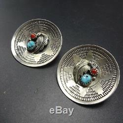 Vintage NAVAJO Hand-Stamped Sterling CORAL and TURQUOISE EARRINGS Wedding Basket