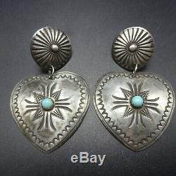 Vintage NAVAJO Hand-Stamped Sterling Silver TURQUOISE Heart-Shaped EARRINGS