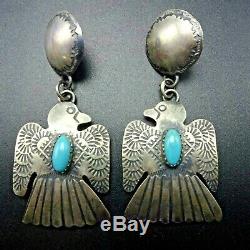 Vintage NAVAJO Hand-Stamped Sterling Silver TURQUOISE THUNDERBIRD EARRINGS