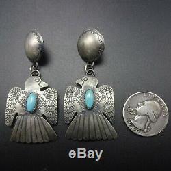 Vintage NAVAJO Hand-Stamped Sterling Silver TURQUOISE THUNDERBIRD EARRINGS