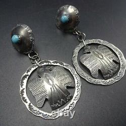 Vintage NAVAJO Hand-Stamped Sterling Silver TURQUOISE Thunderbird EARRINGS