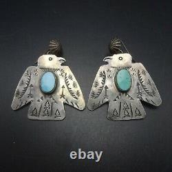 Vintage NAVAJO Hand Stamped Sterling Silver TURQUOISE Thunderbird EARRINGS