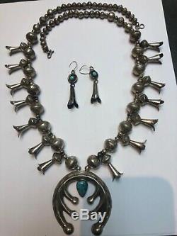 Vintage NAVAJO INDIAN Sterling Silver Turquoise SQUASH BLOSSOM Necklace Earrings