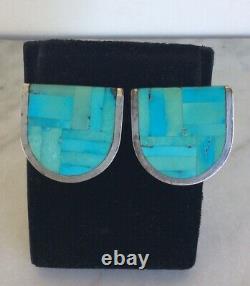 Vintage NAVAJO Jim Harrison Sterling Silver Inlay Turquoise Clip On Earrings