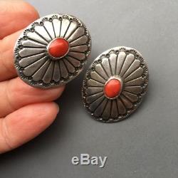 Vintage NAVAJO NATURAL CORAL CONCHO EARRINGS Sterling Silver Native American