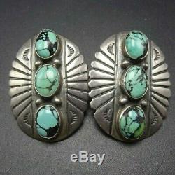 Vintage NAVAJO Sterling Silver Concho SPIDERWEB Matrix TURQUOISE EARRINGS ClipOn