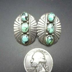 Vintage NAVAJO Sterling Silver Concho SPIDERWEB Matrix TURQUOISE EARRINGS ClipOn
