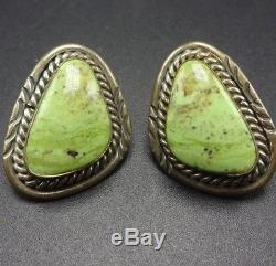 Vintage NAVAJO Sterling Silver & Green GASPEITE Pierced EARRINGS Posts Studs