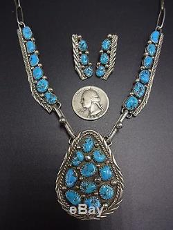 Vintage NAVAJO Sterling Silver & Kingman TURQUOISE Necklace & Earrings SET