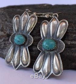 Vintage NAVAJO Sterling Silver Kingman Turquoise Squash Blossom Dangle Earrings