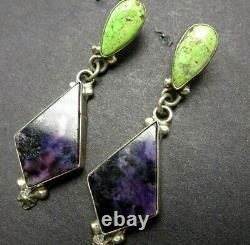 Vintage NAVAJO Sterling Silver LIME GREEN Turquoise and PURPLE Sugilite EARRINGS