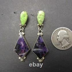 Vintage NAVAJO Sterling Silver LIME GREEN Turquoise and PURPLE Sugilite EARRINGS