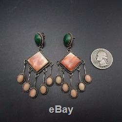 Vintage NAVAJO Sterling Silver MALACHITE Spiny Oyster Shell PINK CORAL EARRINGS