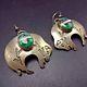 Vintage Navajo Sterling Silver Malachite Turquoise Inlay Bison Earrings Buffalo