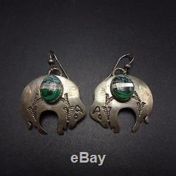 Vintage NAVAJO Sterling Silver MALACHITE TURQUOISE Inlay BISON EARRINGS Buffalo