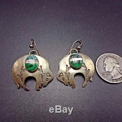 Vintage NAVAJO Sterling Silver MALACHITE TURQUOISE Inlay BISON EARRINGS Buffalo