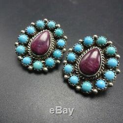 Vintage NAVAJO Sterling Silver TURQUOISE Cluster and PURPLE SPINY SHELL EARRINGS