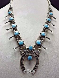 Vintage NAVAJO Sterling Silver Turquoise SQUASH BLOSSOM Necklace & Earrings SET