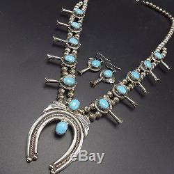 Vintage NAVAJO Sterling Silver Turquoise SQUASH BLOSSOM Necklace & Earrings SET