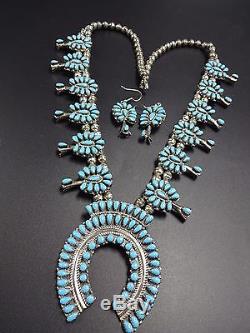 Vintage NAVAJO Sterling Turquoise Cluster SQUASH BLOSSOM Necklace & Earrings SET