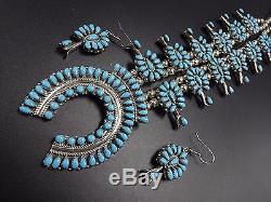 Vintage NAVAJO Sterling Turquoise Cluster SQUASH BLOSSOM Necklace & Earrings SET