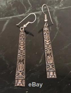 Vintage NW Northwest Coast Sterling Silver Drop Dangle Totem Pole Earrings