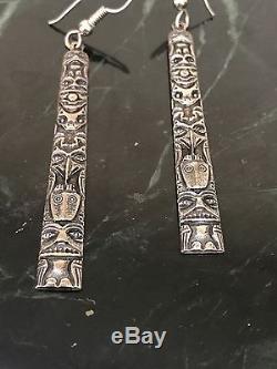 Vintage NW Northwest Coast Sterling Silver Drop Dangle Totem Pole Earrings