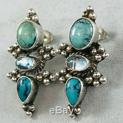 Vintage Native American Handmade Sterling Silver Turquoise Moonstone Earrings