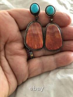 Vintage Native American Indian Navajo Sterling Spiny Oyster Turquoise Earrings