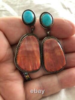 Vintage Native American Indian Navajo Sterling Spiny Oyster Turquoise Earrings