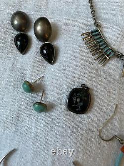 Vintage Native American Jewelry Lot Sterling Silver Turquoise Onyx Opal 62g